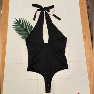 ReoRia Sexy Black Deep V Front, Halter Neck Tie Thong Bodysuit, Size L